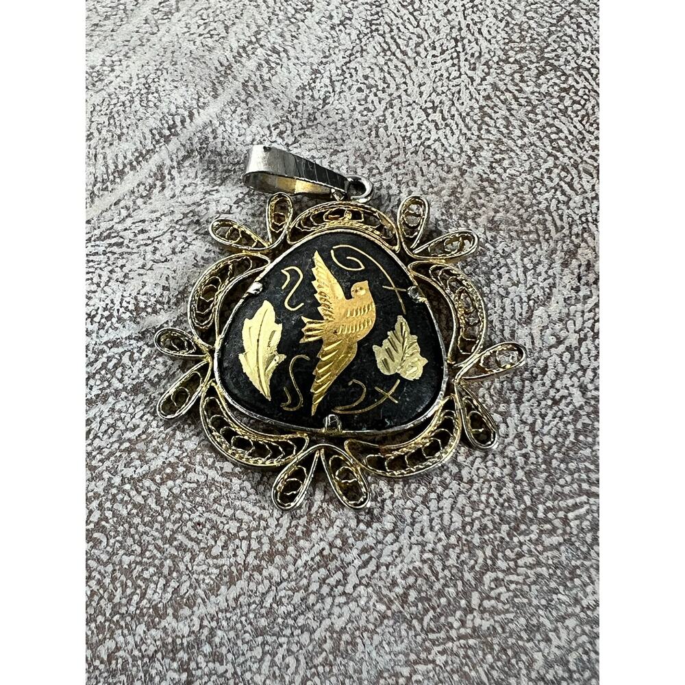 Vintage Spanish Damascus Gold Tone Pendant Bird Totem Filigree Triangle